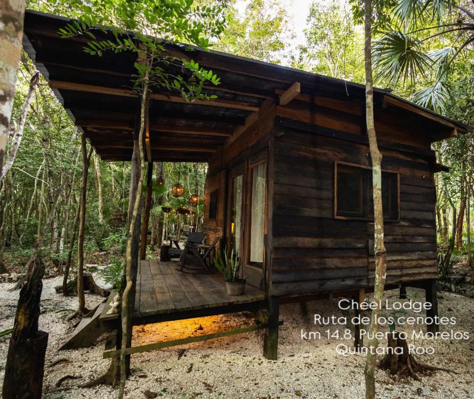 Cabaña de madera de Chéel Lodge rodeada por la selva